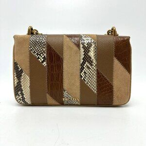 PRADA 1BD009 logo chain bag Shoulder Bag suede Brown/GoldHardware